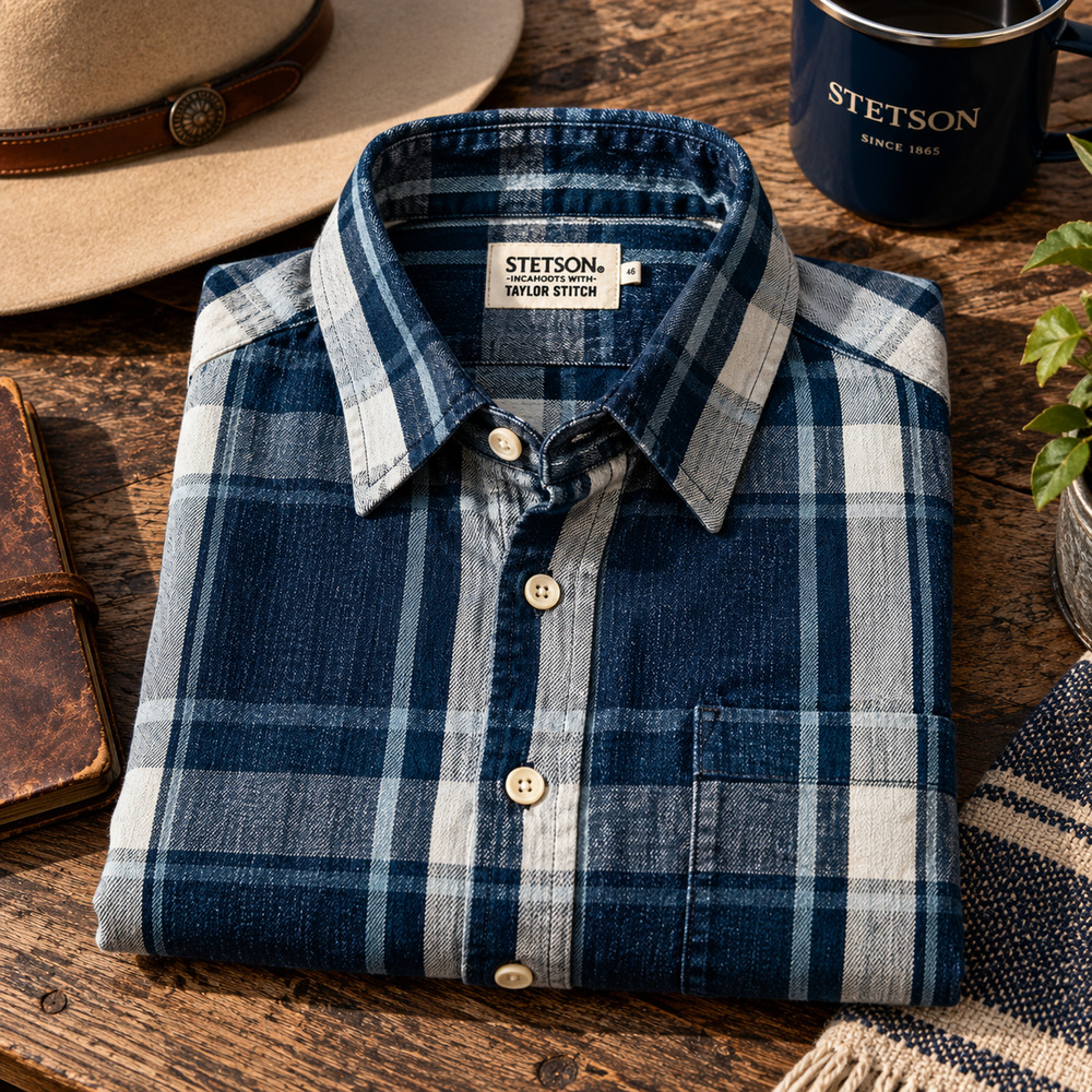 Taylor Stitch x Stetson California Shirt Sz. 2XL 46 Indigo Plaid Organic Cotton